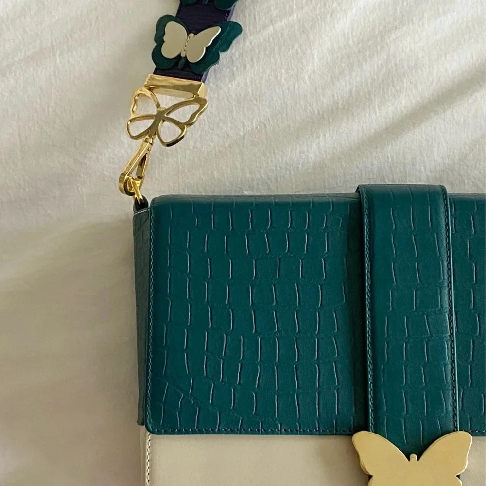 Elizabeth Sutton Leather Bag Multicolor Cream & Forest with 3D Butterfly Strap